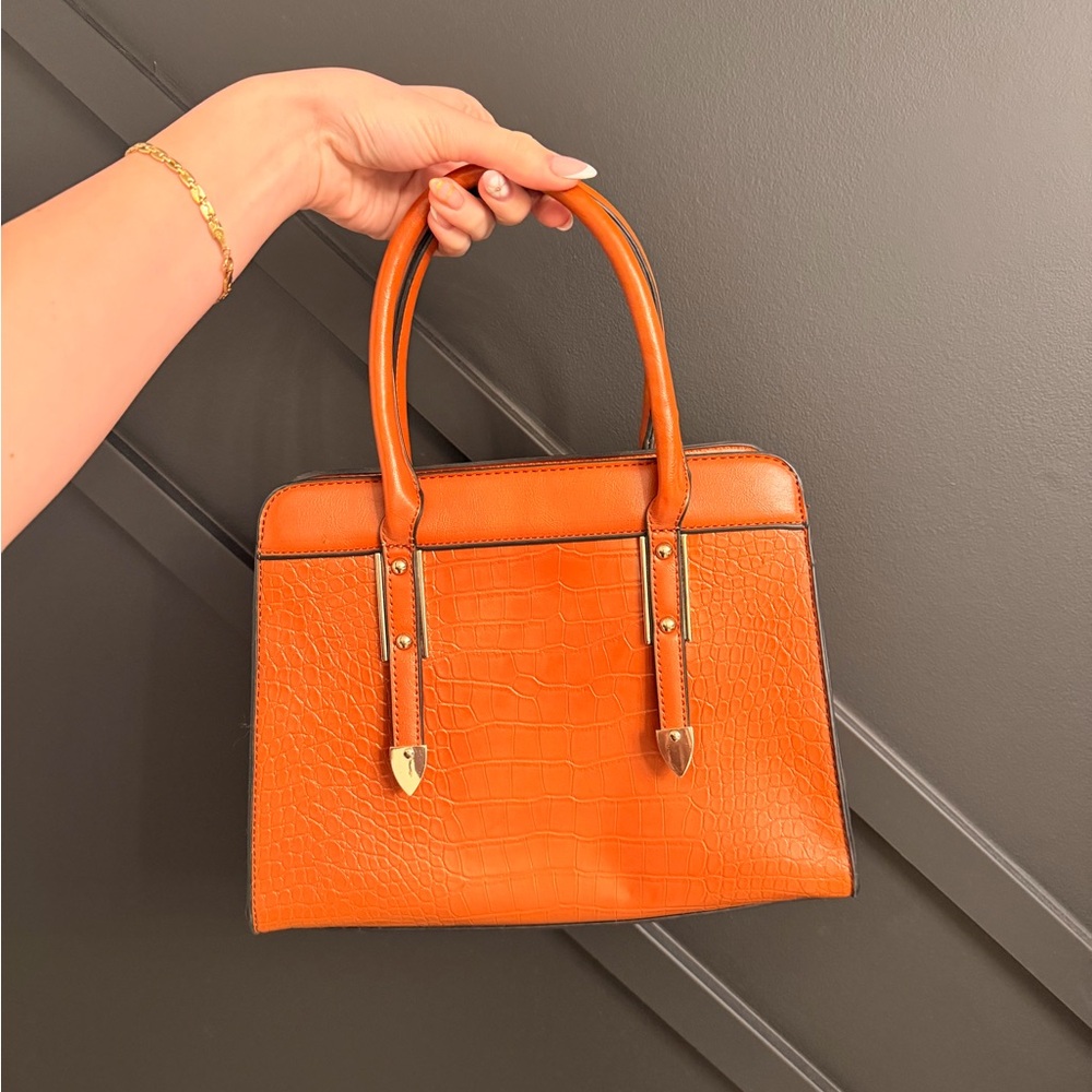 Orange Croc-Embossed Top-Handle Women’s Bag